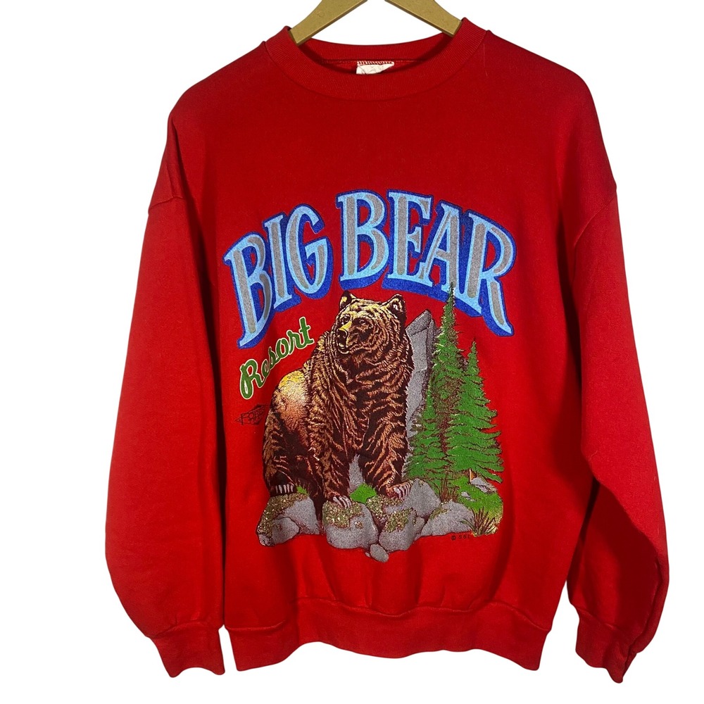 Vintage Forest Trail Big Bear Resort Red Graphic Sweatshirt Mens XL Grizzly Bear